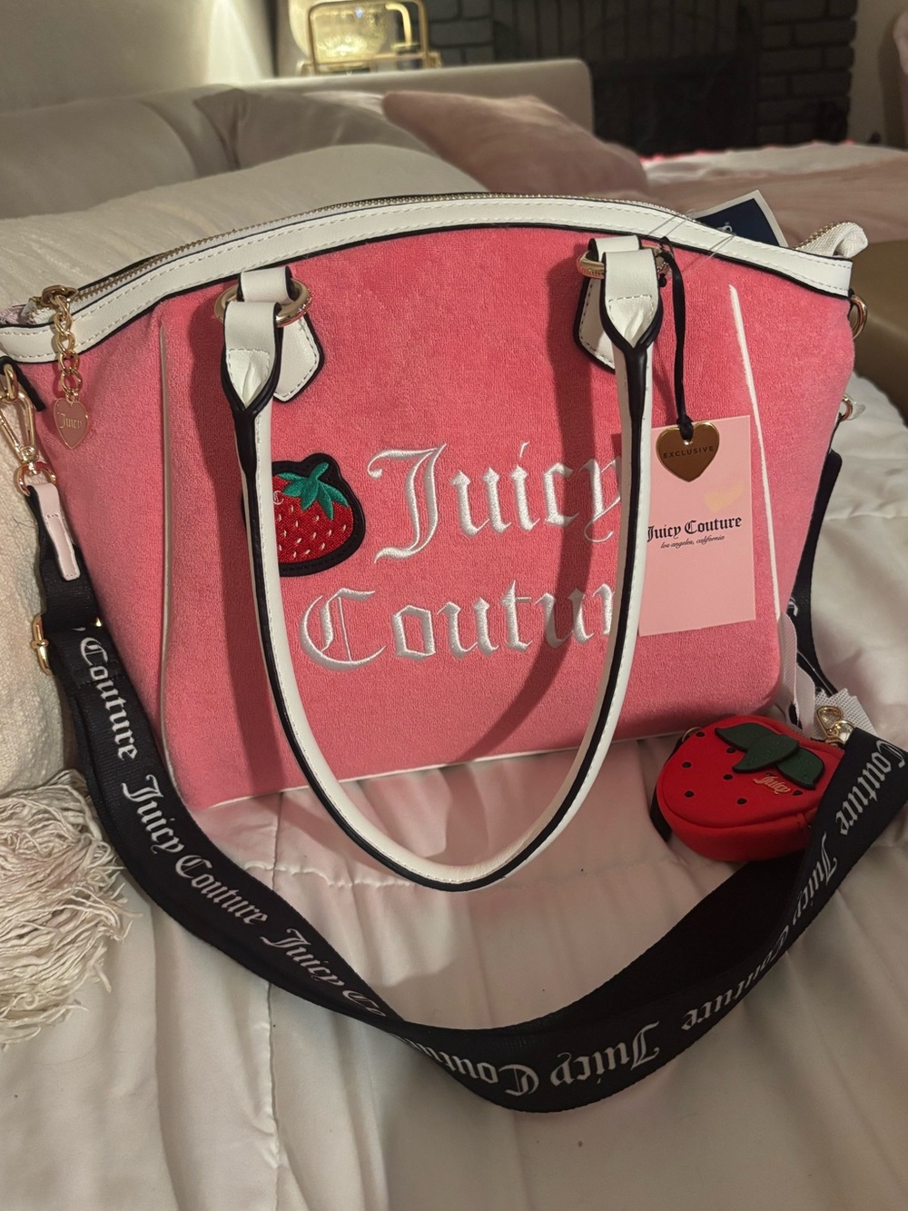 NWT Juicy Couture Pink cotton terry cloth Strawberry Logo Tote White Trim